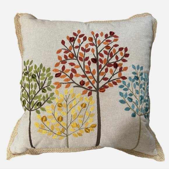 Pier 1 Decorative Pillow Embroidered Beaded Tree Design Jute Trim Throw Pillow - Picture 1 of 4